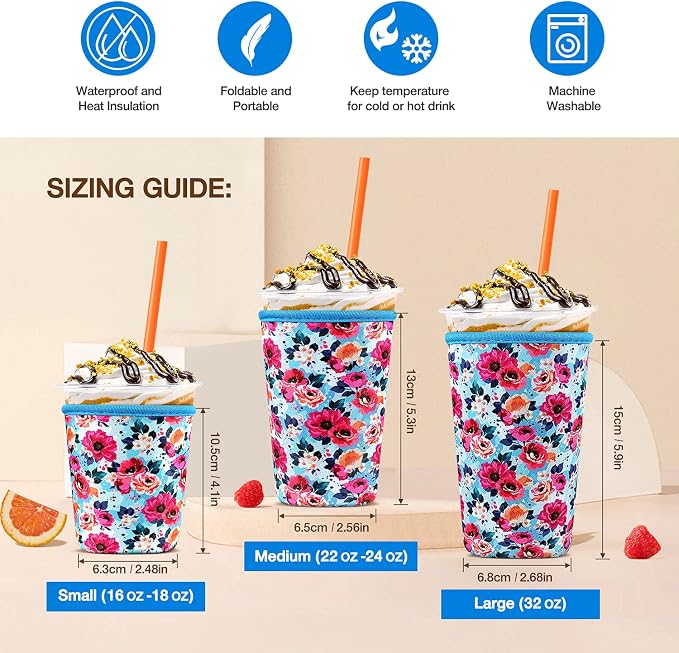 3 Pack Iced Coffee Cup Sleeve for Large Sized Cups, Reusable Neoprene Iced - Image 2