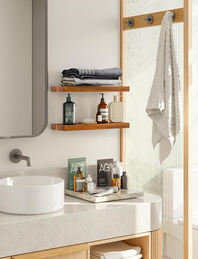 BATODA Set of 2 17" Acacia Wood Floating Shelves Wall Mounted – Rustic - Image 2