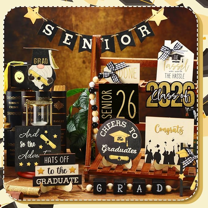 Mifoci 19 Pcs Graduation Tiered Tray Decor Set 2026 Graduation Farmhouse Wooden - Image 5