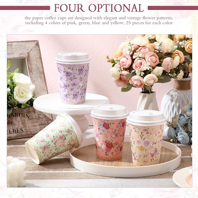 Remerry 100 Pcs 12oz Floral Disposable Coffee Cups - Image 4