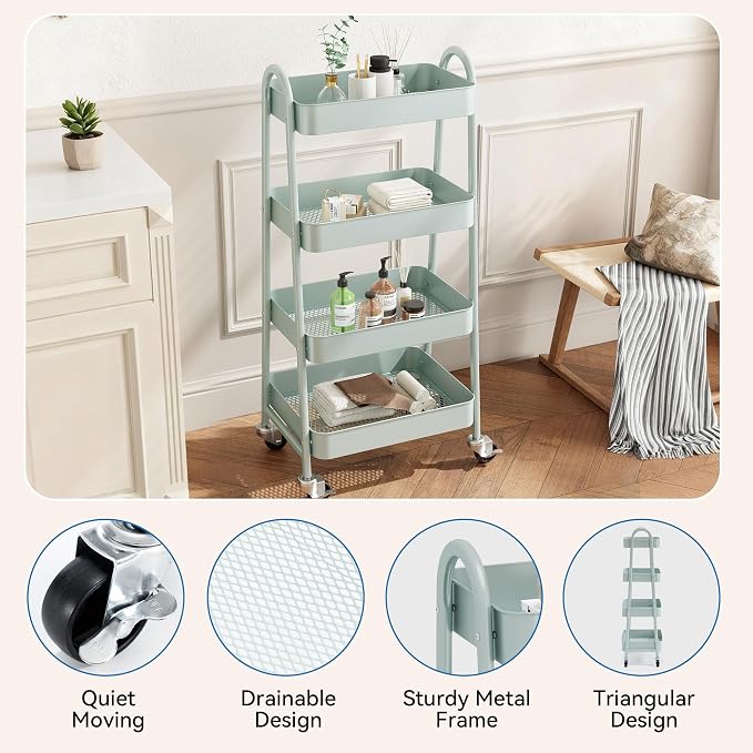 OLIXIS Metal 4 Tiers Utility Rolling Cart, Mobile Storage Shelf - Image 2