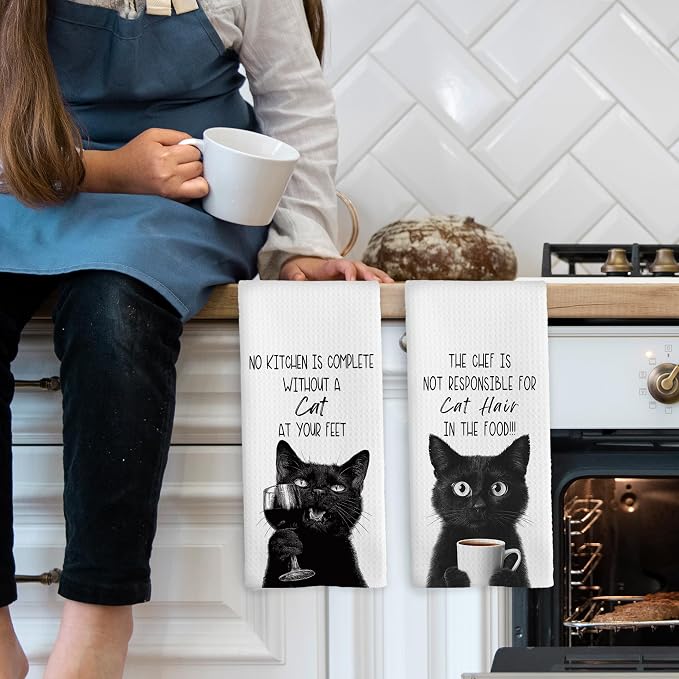 Funny Cat Kitchen Towels Set of 2, Cats Kitchen Accessories, Coffee Wine - Image 3