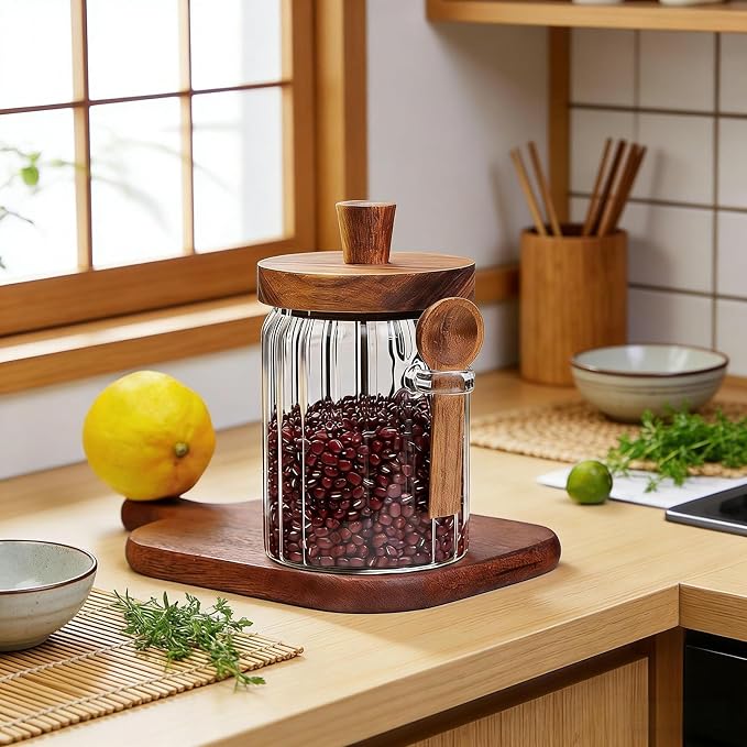 Glass Jar With Wooden Lid And Spoon, Glass Food Storage Canister, Airtight - Image 9
