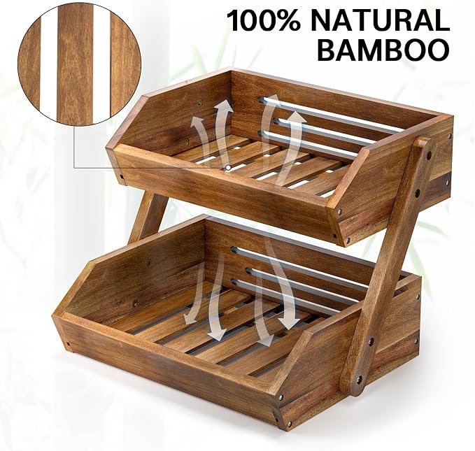 G.a HOMEFAVOR Fruit Basket: 2-Tier Acacia Wood Fruit Bowl - Image 2