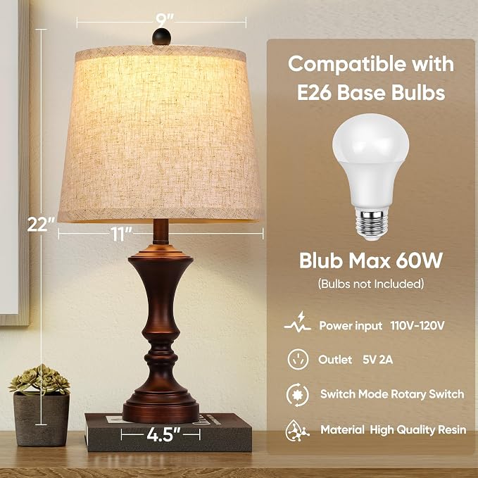 ROTTOGOON Retro Table Lamps Set of 2 Nightstand Lamp - Image 5