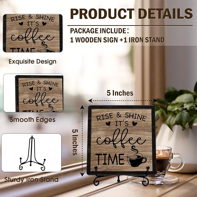 Funny Coffee Bar Decor, Rise & Shine It's Coffee Time Wood Plaque - Image 2
