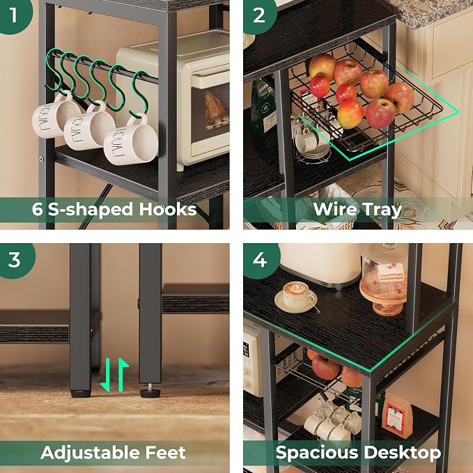 SUPERJARE Bakers Rack with Power Outlet, 35.4 Inches Coffee Bar with Wire Basket - Image 7