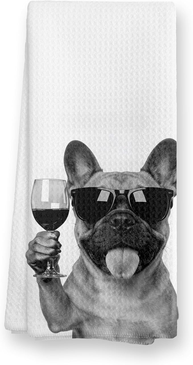 Funny White French Bulldog Wine Kitchen Towels, Cute Dog Tea Towels, Dog Lover by TopXmai