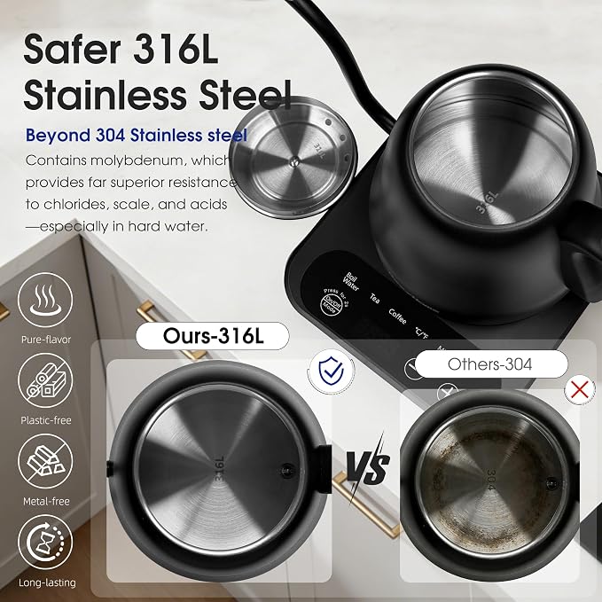 Gooseneck Electric Kettle Temperature Control: ±1℉ Precision, 316L Stainless - Image 2