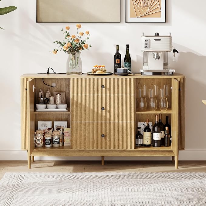 59" Buffet Cabinet with Drawers, Large Fluted Sideboard Buffet Storage Cabinet - Image 5