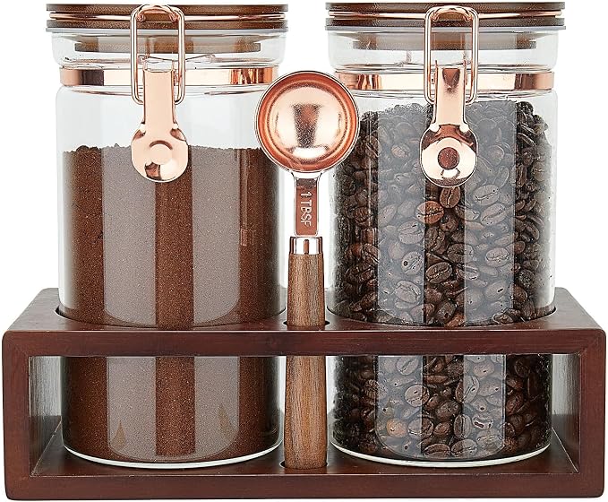Glass Coffee Container with Wooden Shelf, 2 x 40 FLOZ Coffee Bean Storage with by SIQOLNY