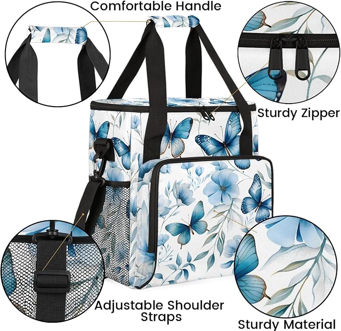 Butterfly Blue Floral Coffee Maker Carring Bag, Large Insulated Storage - Image 6