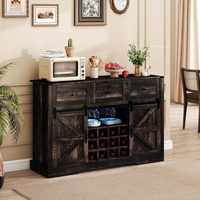 Giantex Wine Bar Cabinet with LED Lights, 3 Drawer, Adjustable Shelf, 12 Bottle - Image 9