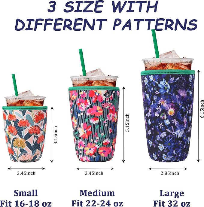 3Pcs Reusable Insulated Neoprene Iced Coffee Cold Soda Cup Sleeve | Floral - Image 3