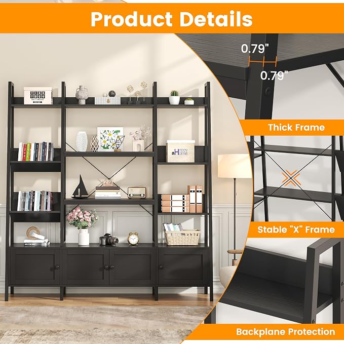 Ladder Bookshelves with 4 Doors, Triple Wide 4-Tier Large Open Bookshelf with - Image 8
