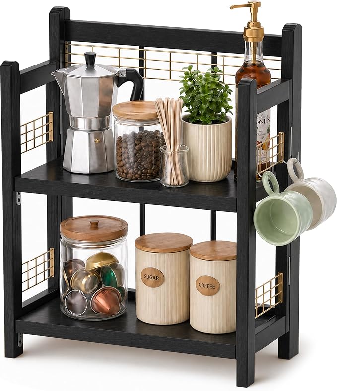 No-Assembly Coffee Bar Organizer, 2-Tier Coffee Station Shelf | Foldable Oak by JNFUZ