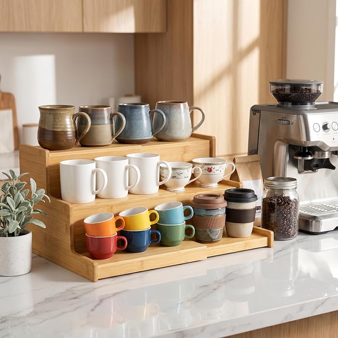 3-Tier Expandable Bamboo Mug Holder Shelf Rack - Image 4