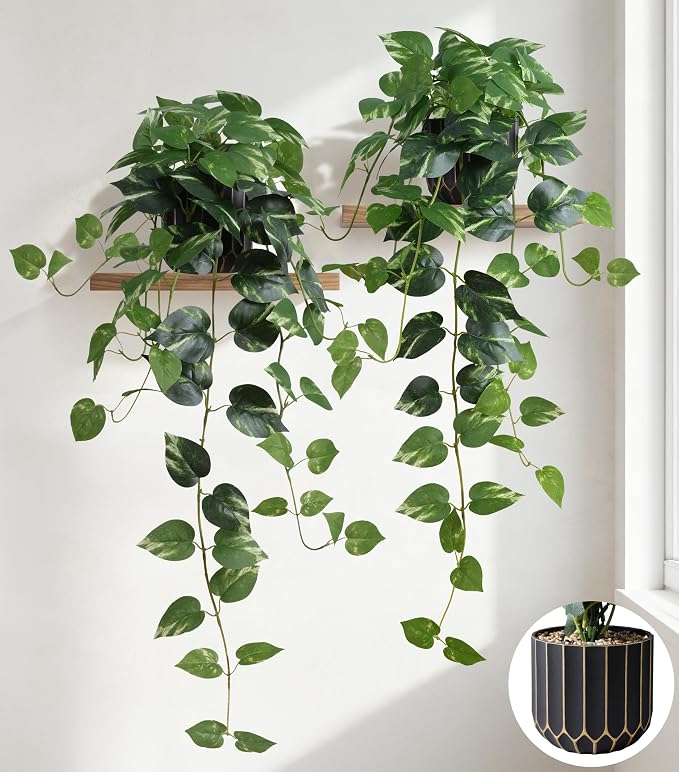 Fake Plants 2 Pcs Faux Pothos Plants Potted Indoor Artificial Hanging Plants by FancyPlus