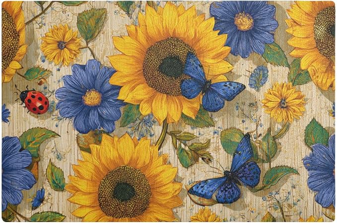 Beige Sunflower Butterfly Ladybug Coffee Mat Coffee Bar Maker Backed Absorbent by QwThum