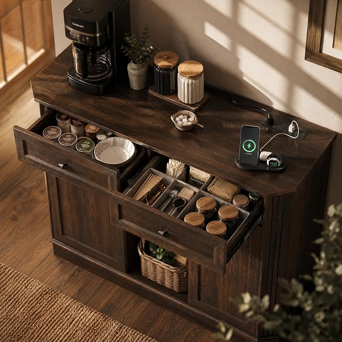 Walnut Coffee Bar with 2 Drawers & 2 Doors, LED Wine Bar Cabinet with Wine - Image 4