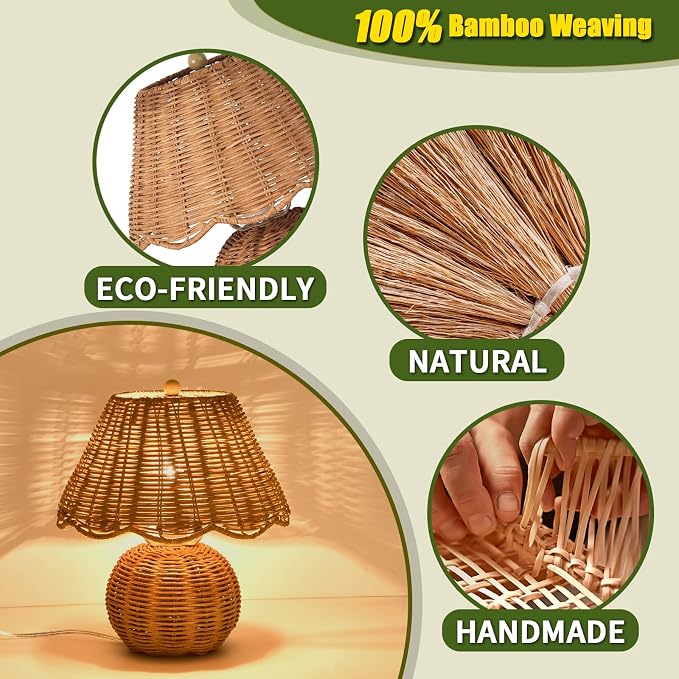 Ziqqeelam Boho Rattan Table Lamp, 11.81" H Natural Wicker Bedside Lamp - Image 3