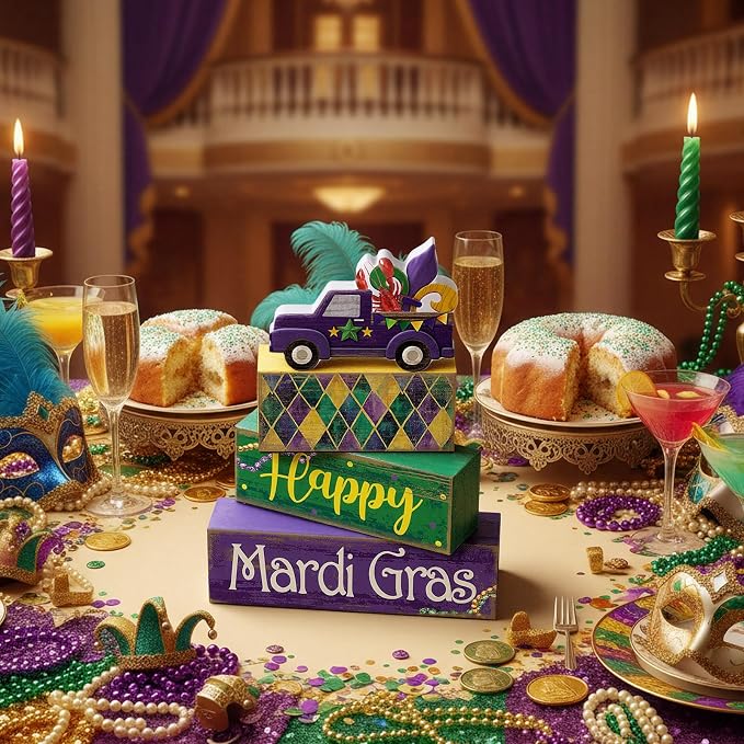 Lineshading 4 Pcs Mardi Gras Decorations Mardi Gras Table Centerpieces Wooden - Image 6