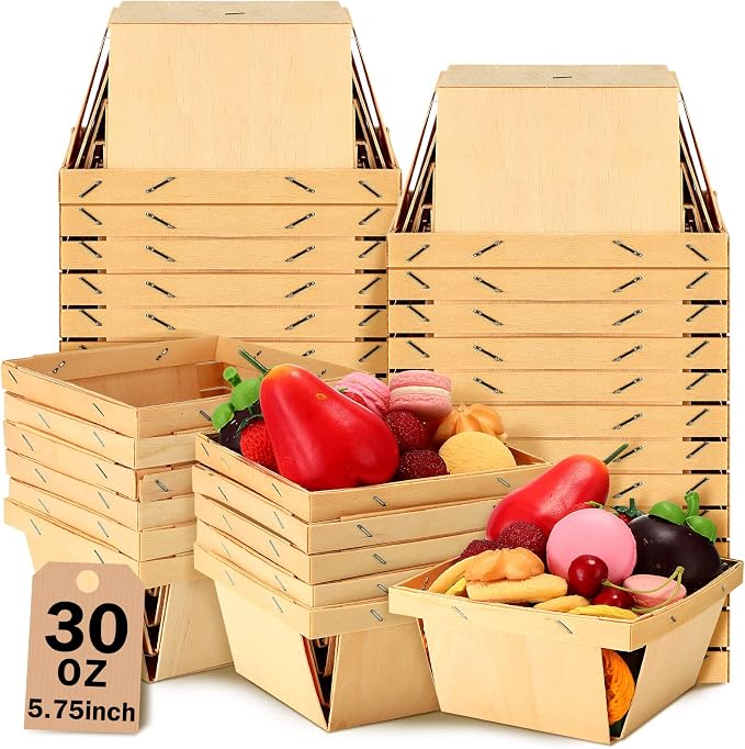 Geosar 30 Pcs One Quart Wooden Berry Baskets Bulk 5.75 Inch Square Vented Wood by Geosar