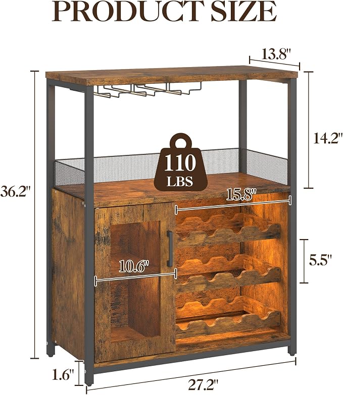 Jojoka LED Lighted 3-Tier Wine Bar Cabinet, Freestanding Sideboard Buffet - Image 6