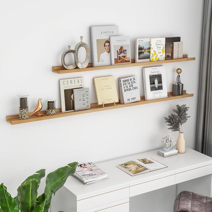 Acovy Picture Ledge Shelf, 72 inch Solid Ash Wood Floating Shelves Set of 2 - Image 2