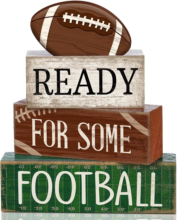 Yuntau 4 Pcs Football Fall Table Decoration Happy Football Wooden Block Sign by Yuntau