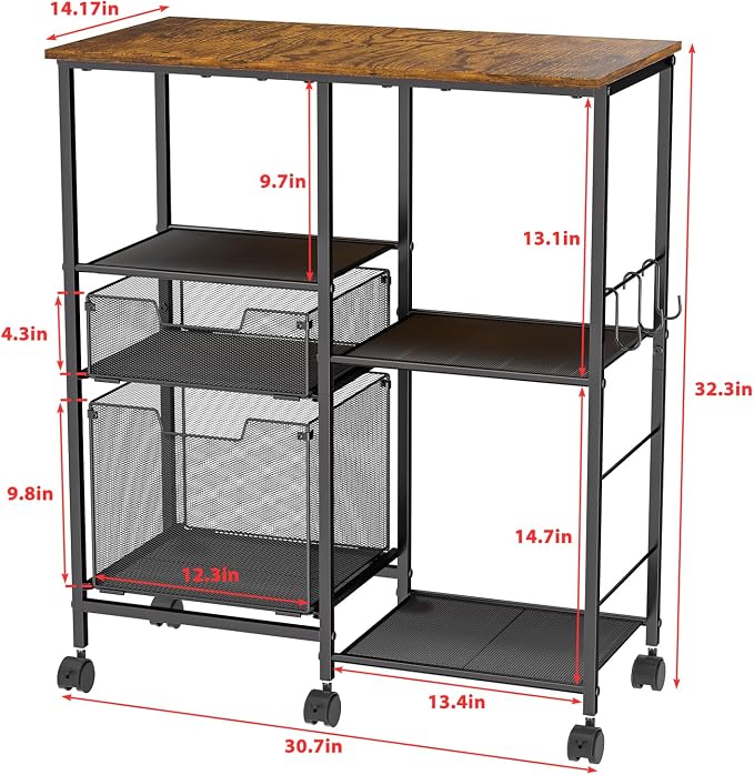 Rolling Microwave Cart with Storage, Microwave Stand with Drawers, Kitchen - Image 7