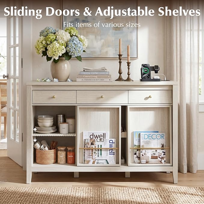 Buffet Cabinet with Storage, Modern Sideboard Cabinet with 3 Drawers, 2 Sliding - Image 3