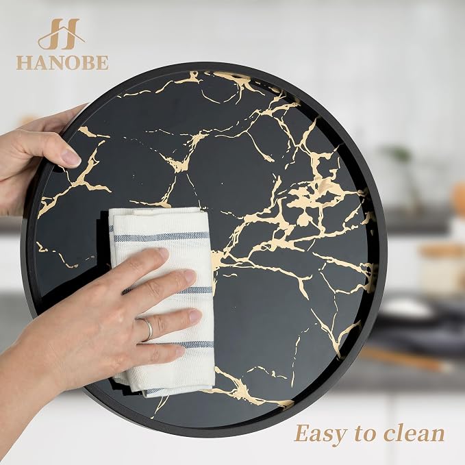 Hanobe Decorative Tray for Home Decor: Black Imitation Marble Round Serving - Image 7