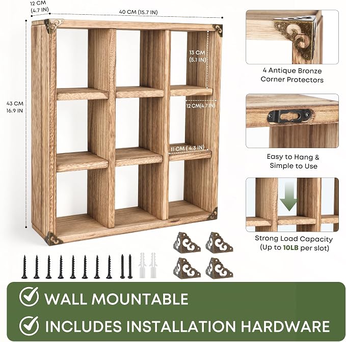 9 Slot Coffee Mug Display Rack - 17in Wall Mounted | Solid Wood - Image 2