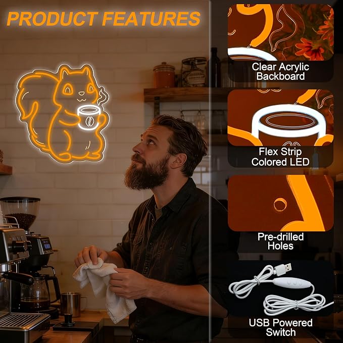 Squirrel Drinking Coffee Neon Sign, Squirrel Dimmable Coffee Bar Sign - Image 6