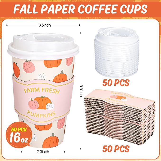 Whaline 50 Pcs Fall Coffee Cups Disposable Pumpkin Paper Cup - Image 2