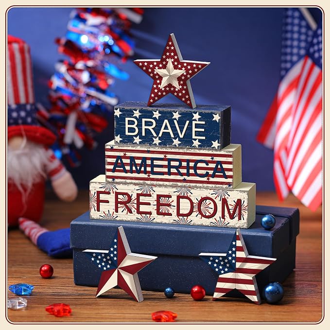Geelin 6 Pieces 4th of July Table Decorations Patriotic Wooden Block Signs - Image 6