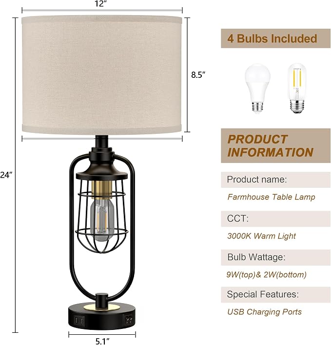 Table Lamps for Living Room Set of 2, Farmhouse Lamps for Night Stands - Image 6