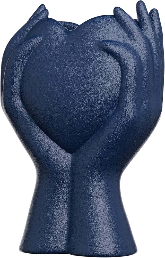 8" Heart Hand Navy Blue Ceramic Vase by Unknown
