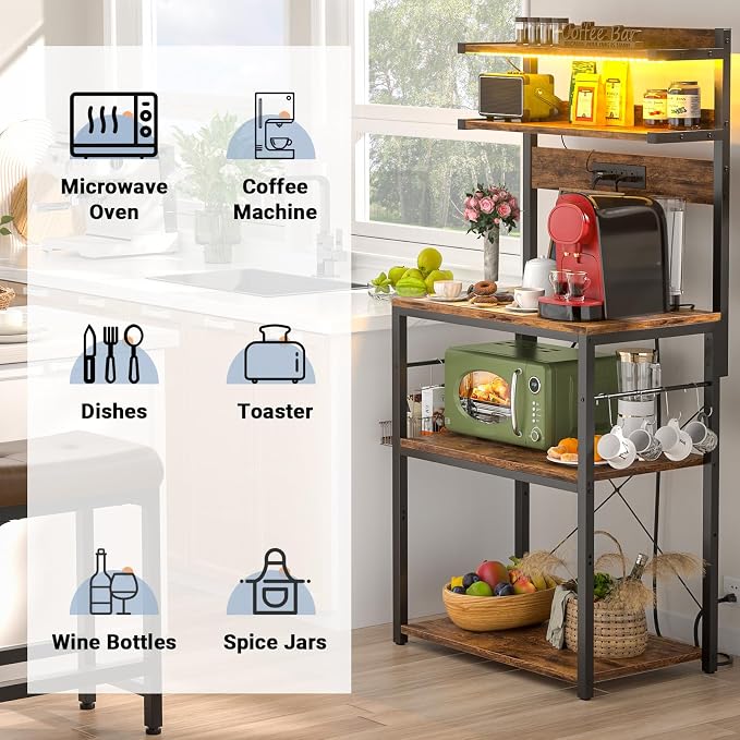 Aheaplus Bakers Rack with Power Outlet, Microwave Stand, 5 Tiers Coffee Bar - Image 5