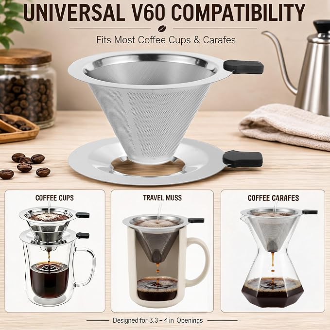 2-in-1 Immersion & Pour Over Coffee Maker, Reusable Stainless Steel Pour Over - Image 4