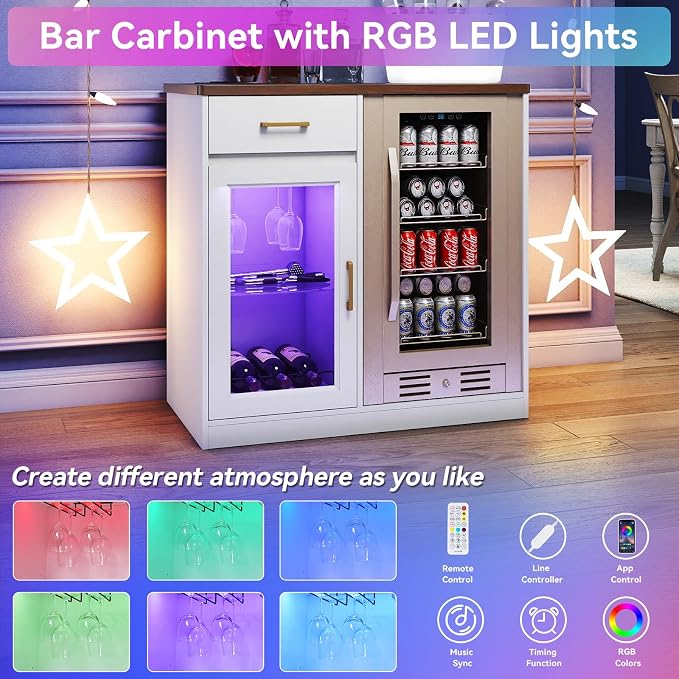 Verano Garden Coffee Bar with Mini Fridge Space, Liquor Cabinet with LED Light - Image 3
