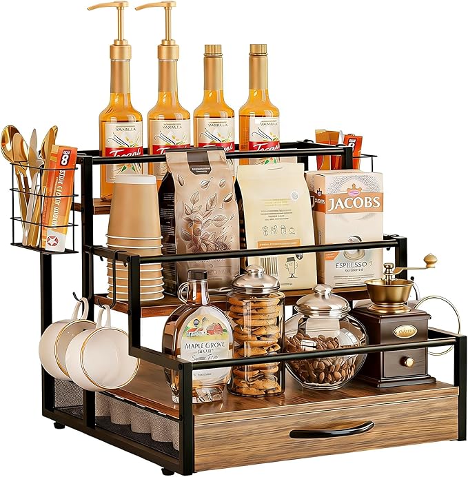 Countertop Coffee Syrup Rack Organizer, 4-Tier Wooden Holder Stand by Unknown