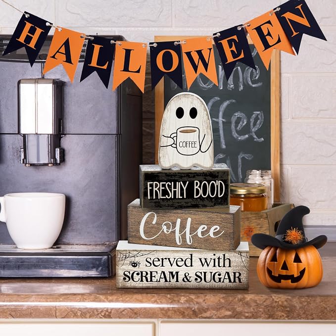 Lineshading 4 Pcs Halloween Table Decor Coffee Ghost Wooden Sign Halloween - Image 6