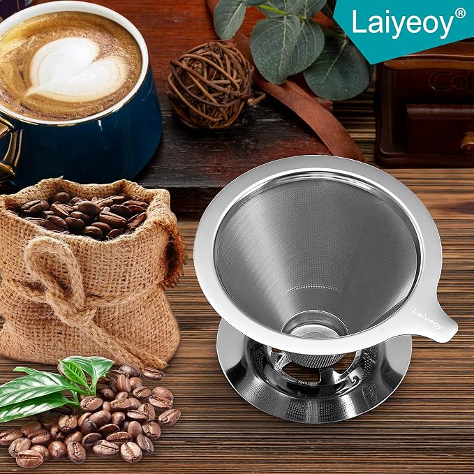 Laiyeoy Pour Over Coffee Dripper, Slow Drip Paperless Coffee Filter, Stainless - Image 2