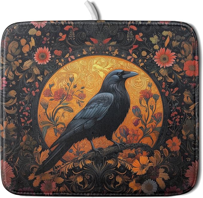 Giwawa Vintage Crow Dish Drying Mat 16"x18" Gothic Black Raven Boho Flowers by Giwawa