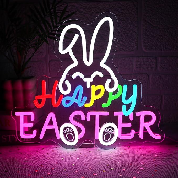 Happy Easter Neon Sign for Wall Decor Dimmable Bunny Led Sign for Bedroom by Unknown