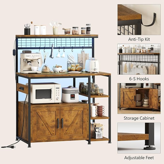 TVU Bakers Rack with Power Outlet and LED Light, Microwave Stand with Storage - Image 9