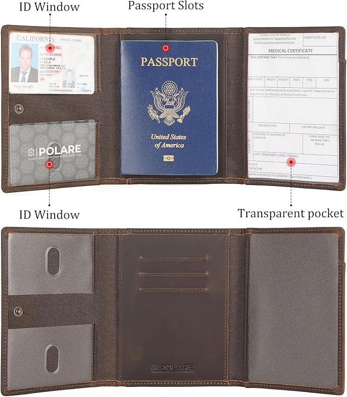 Polare Full Grain Leather Pilot Wallet Passport Holder RFID Blocking Tri-fold - Image 6