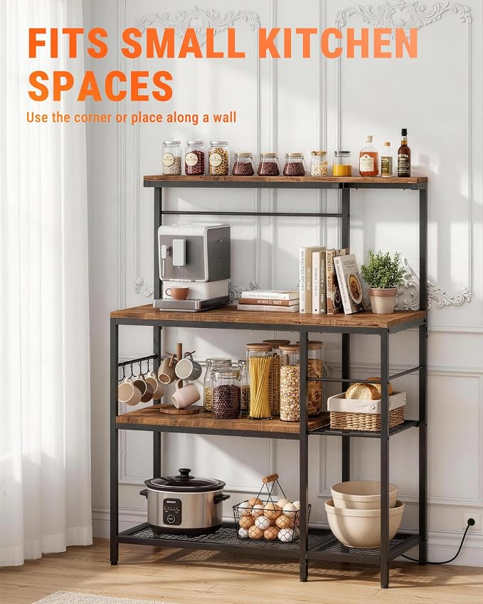 L-Shaped Bakers Rack with Power Outlet, 4-Tier Corner Kitchen Shelf, Microwave - Image 3